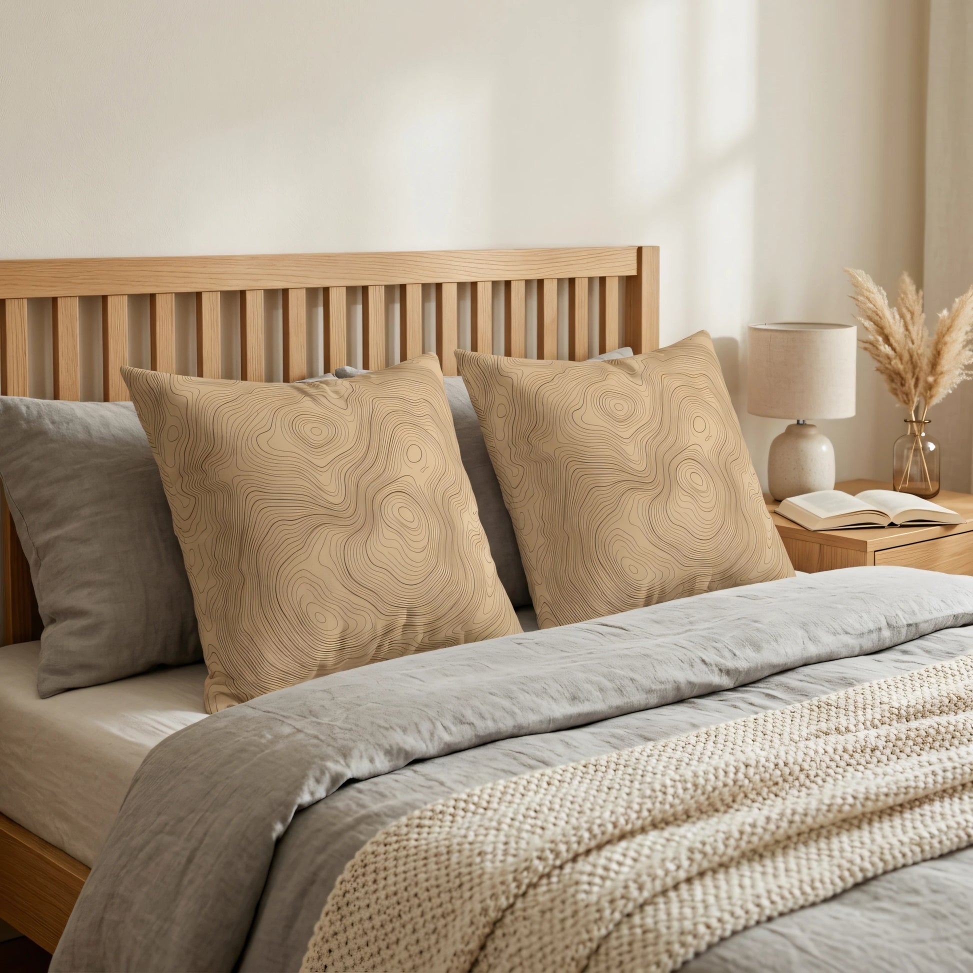 Two tan cushions with topographic map patterns on a grey linen bed in a sunlit bedroom with a wooden headboard and neutral decor.