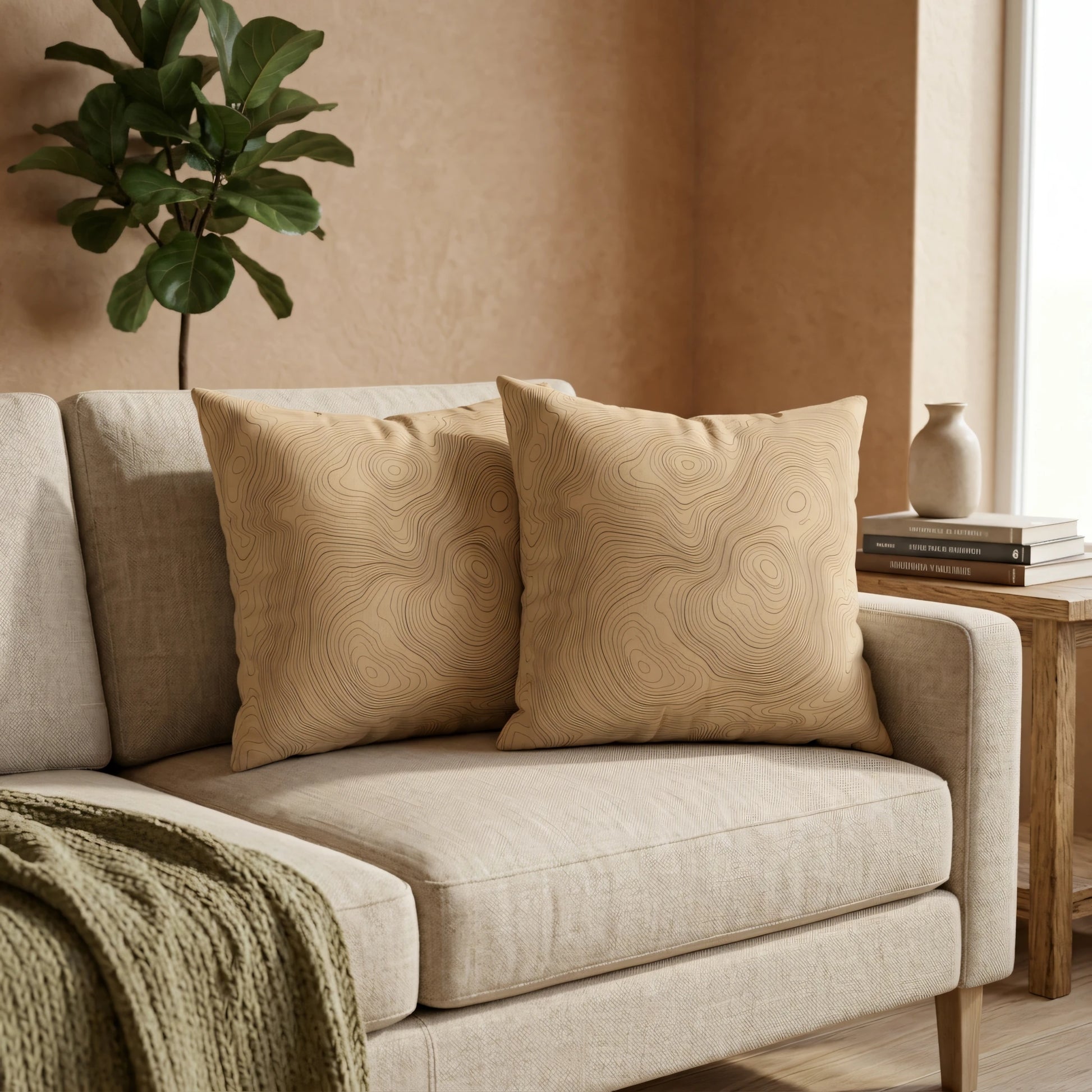 Two beige throw pillows with a topographic map pattern on a light sofa in a modern living room featuring warm earth tones and a green plant.