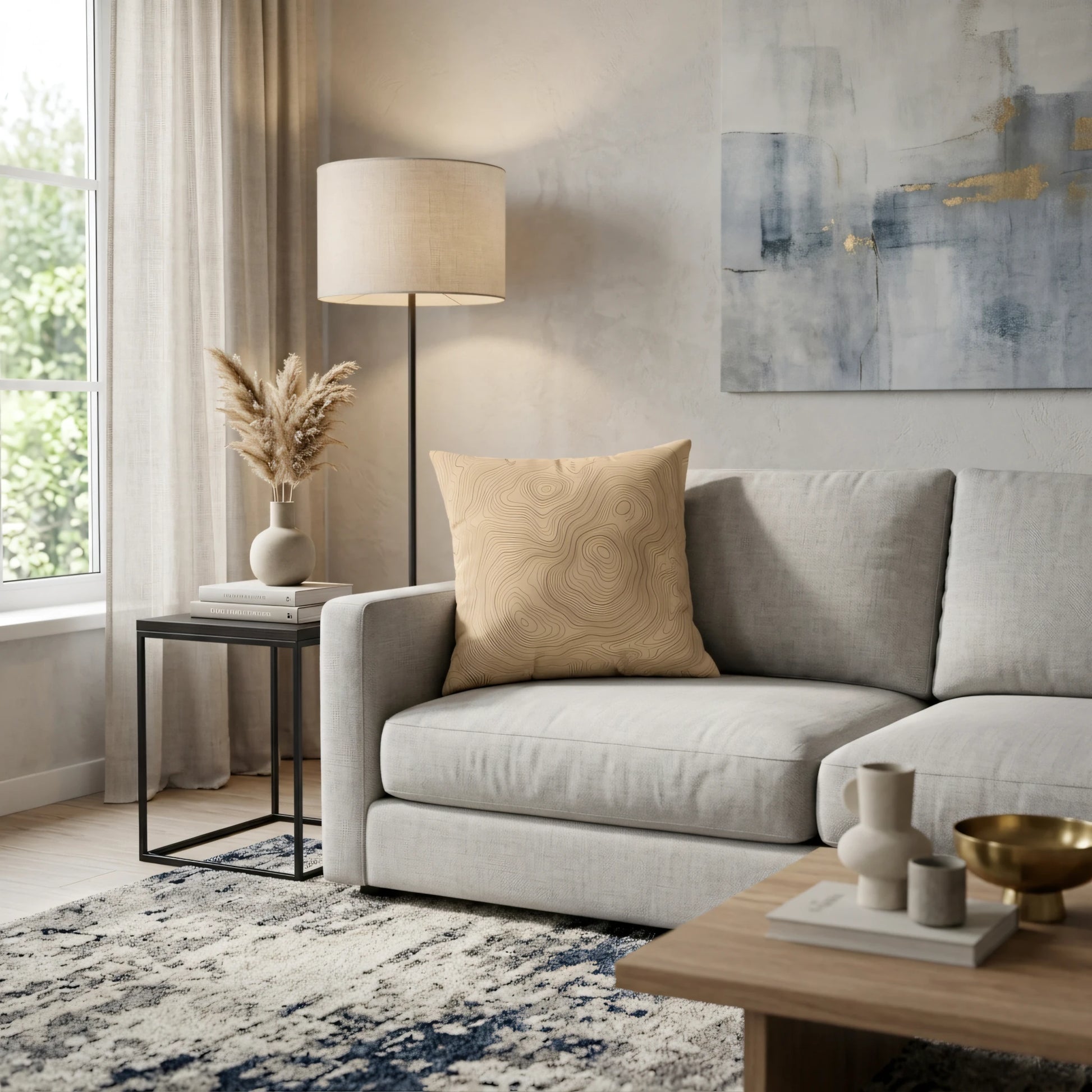 A tan topographic print throw pillow rests on a light grey sofa in a stylish modern salon with pampas grass and abstract wall art.