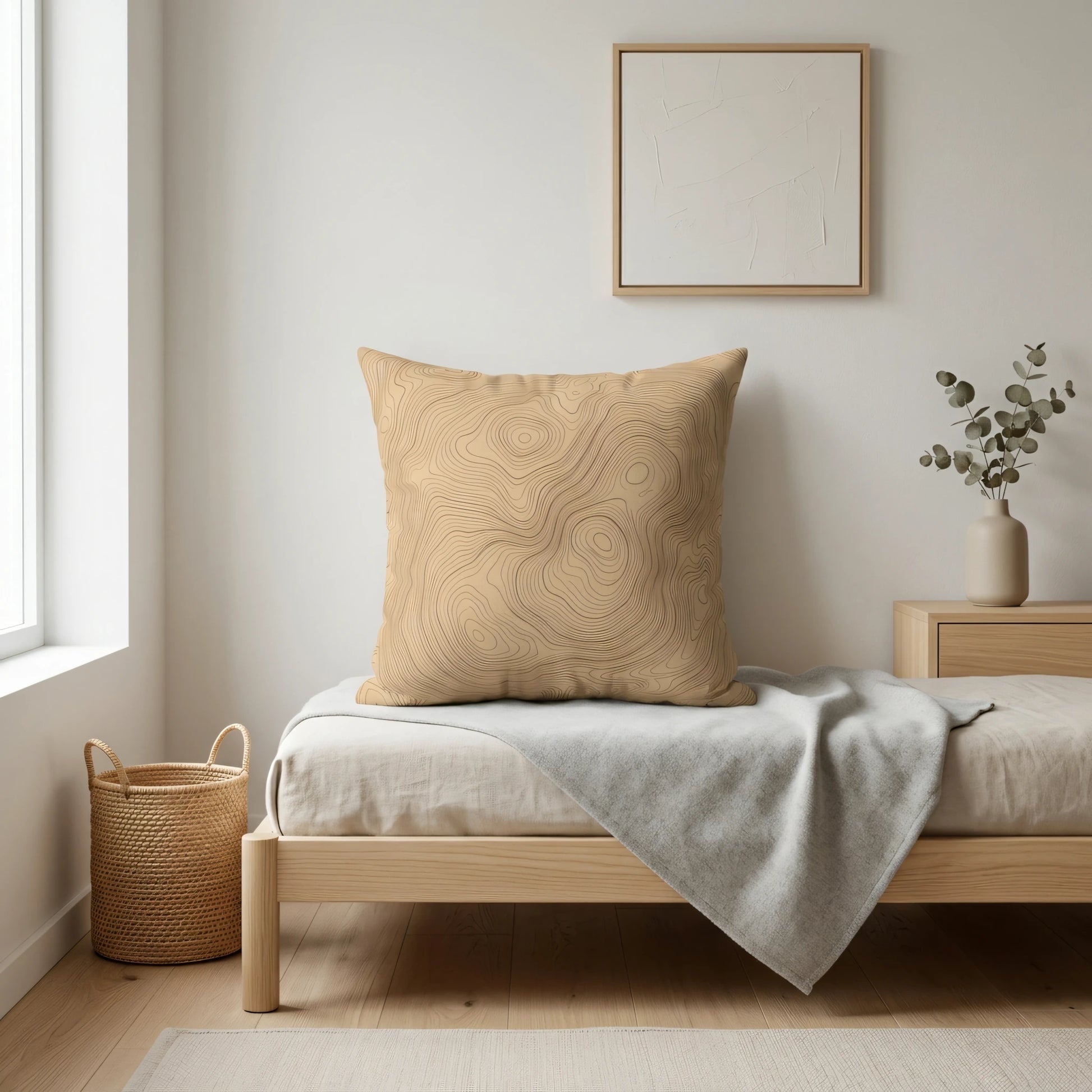 Minimalist interior featuring a tan topographic print pillow on a light wood bed with a grey throw blanket and neutral decor.