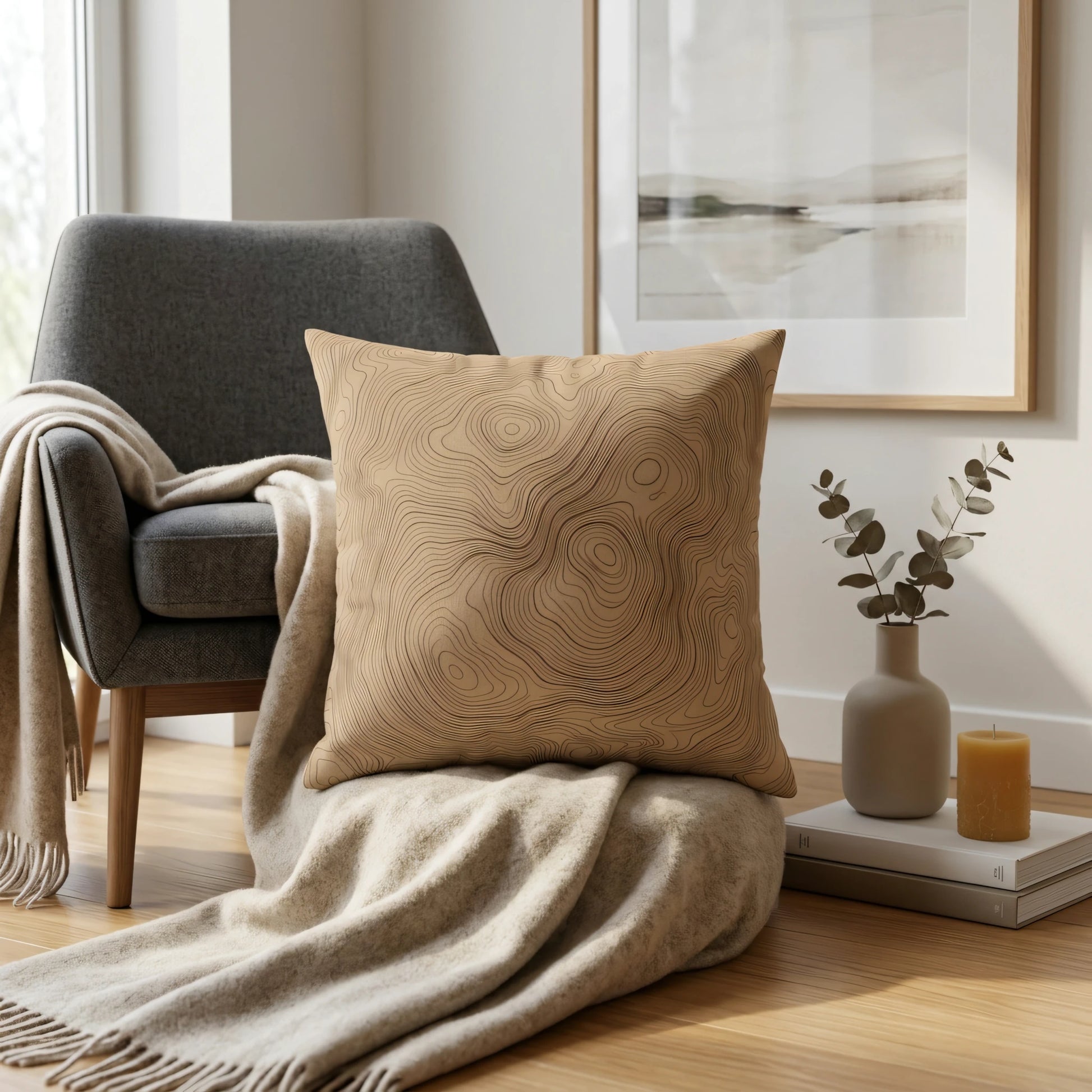 Tan cushion with a topographic map pattern on a beige throw blanket, styled in a cozy room with a gray armchair and neutral minimalist decor.