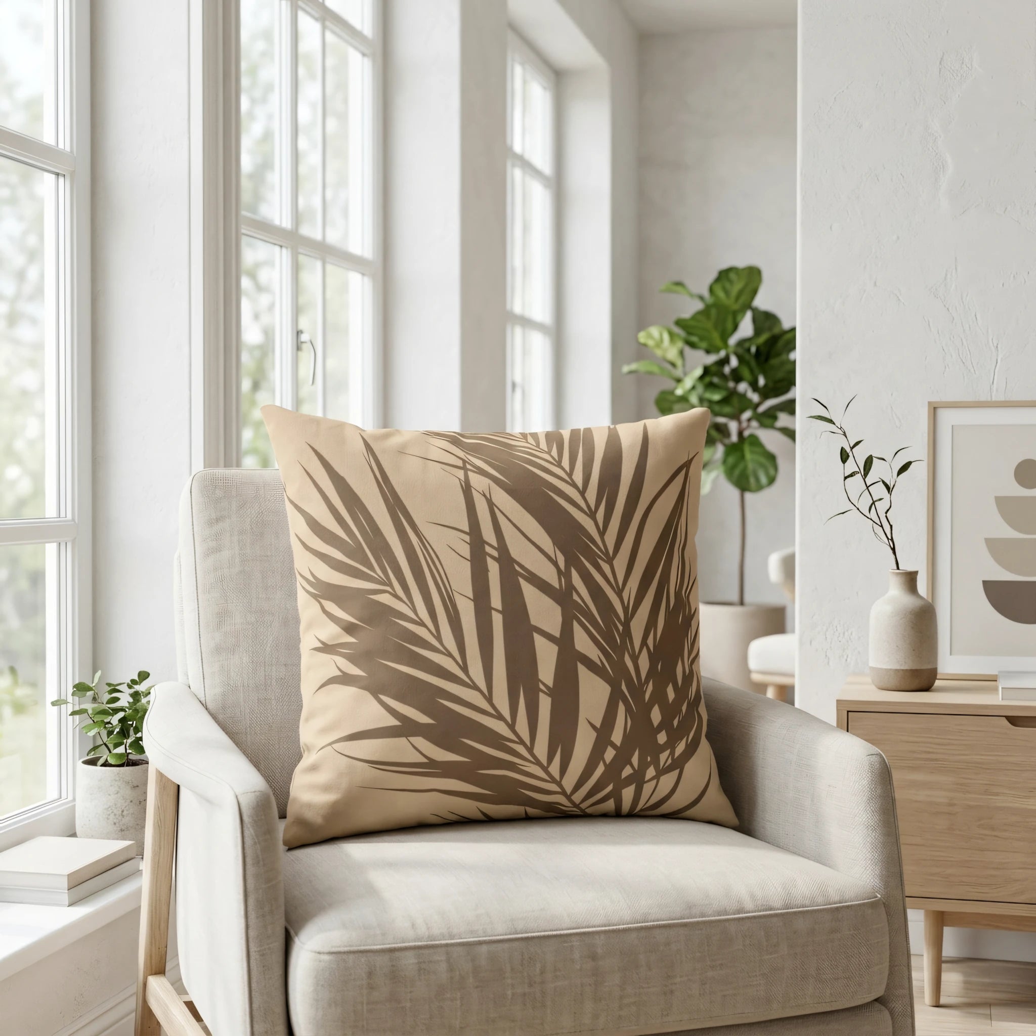 Tan cushion with brown palm leaf print on a neutral armchair in a bright, minimalist living room with natural light and plants.