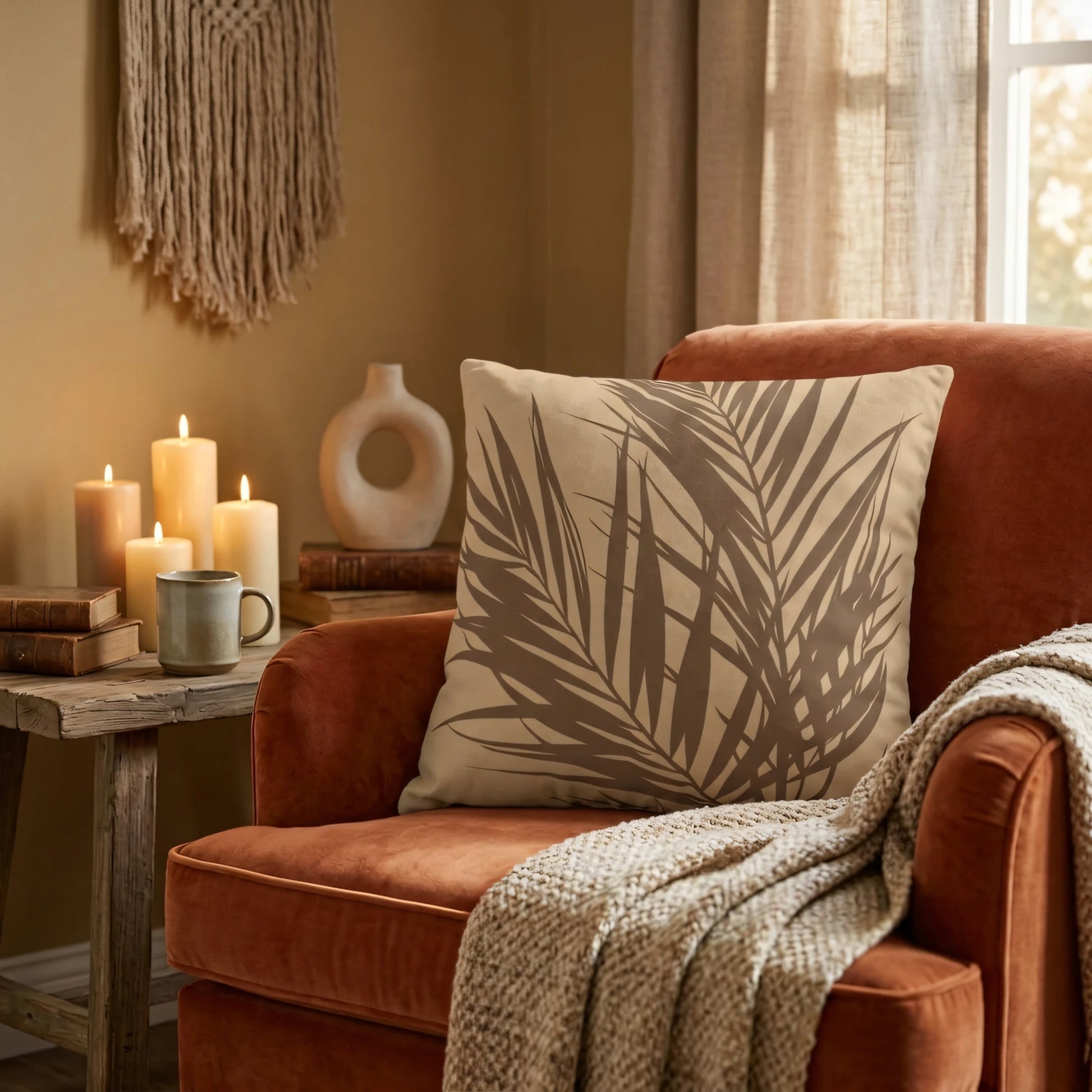 Beige cushion with brown palm leaf pattern on a terracotta chair in a cozy room with lit candles and macrame wall art.