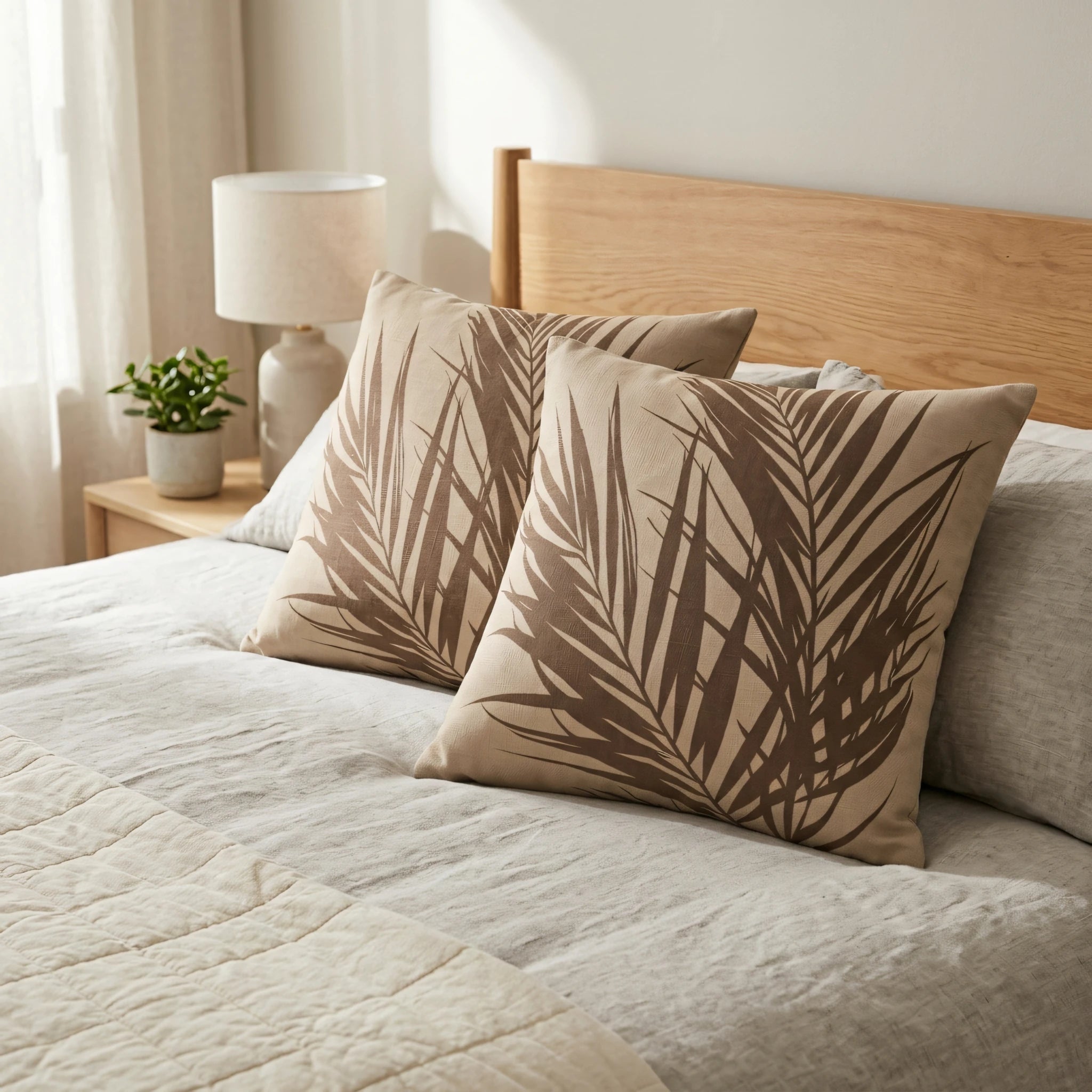 Pair of beige cushions featuring brown palm leaf patterns on a stylish bed with a wooden headboard in a bright bedroom setting.