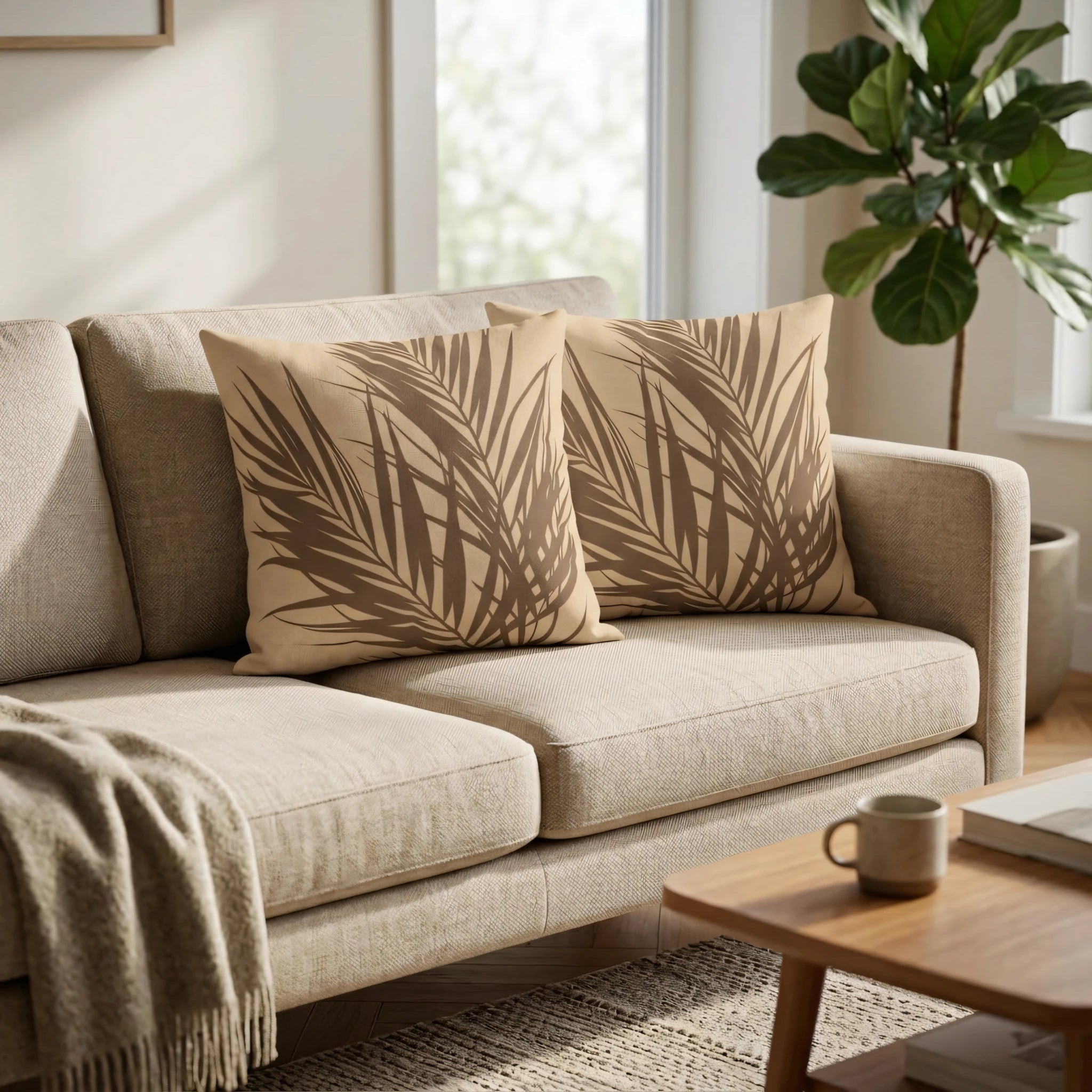 Pair of decorative cushions featuring brown palm frond prints on beige fabric, styled on a neutral sofa in a cozy, sunlit living room.