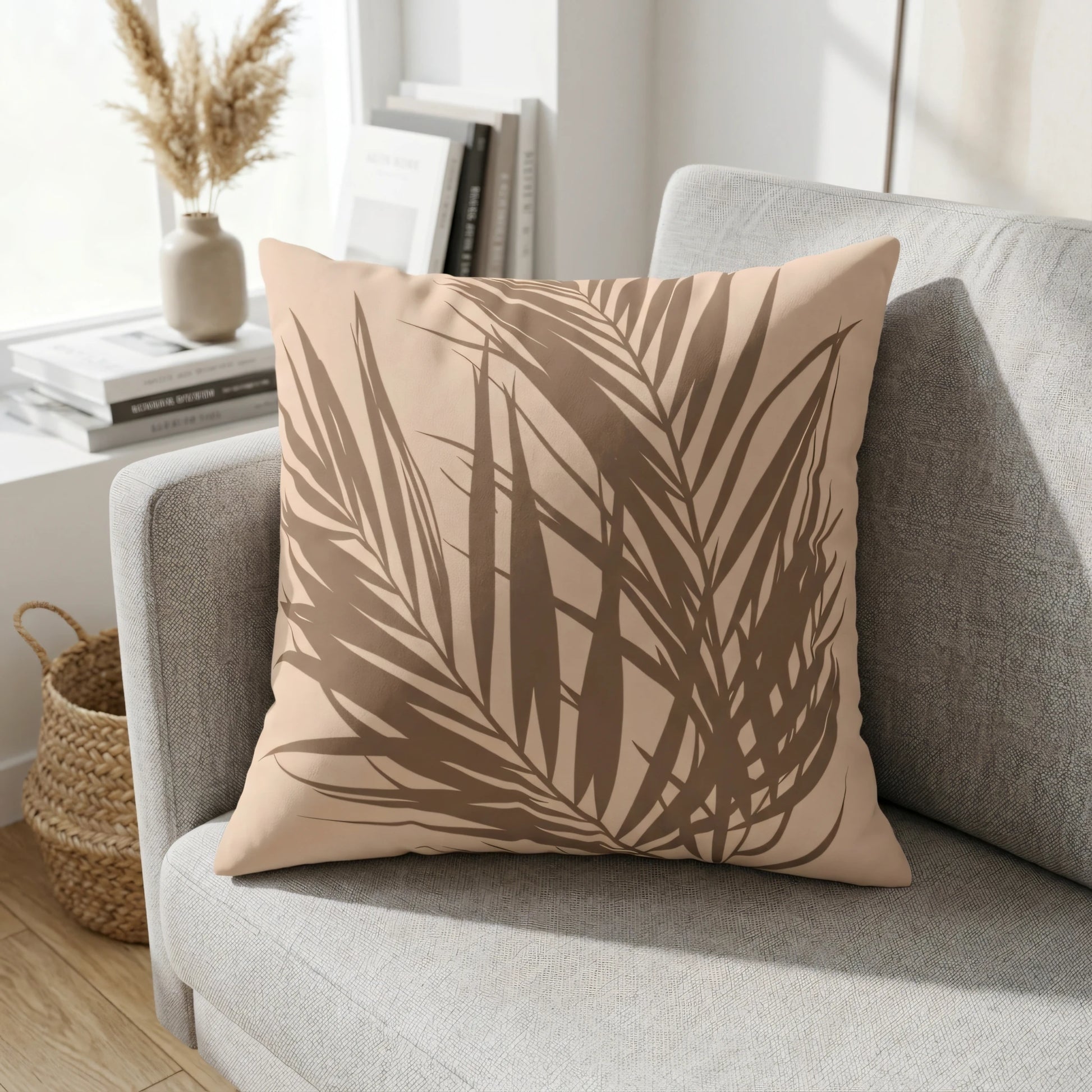 Decorative tan throw pillow with brown palm leaf print on a grey armchair in a stylish modern living room interior.