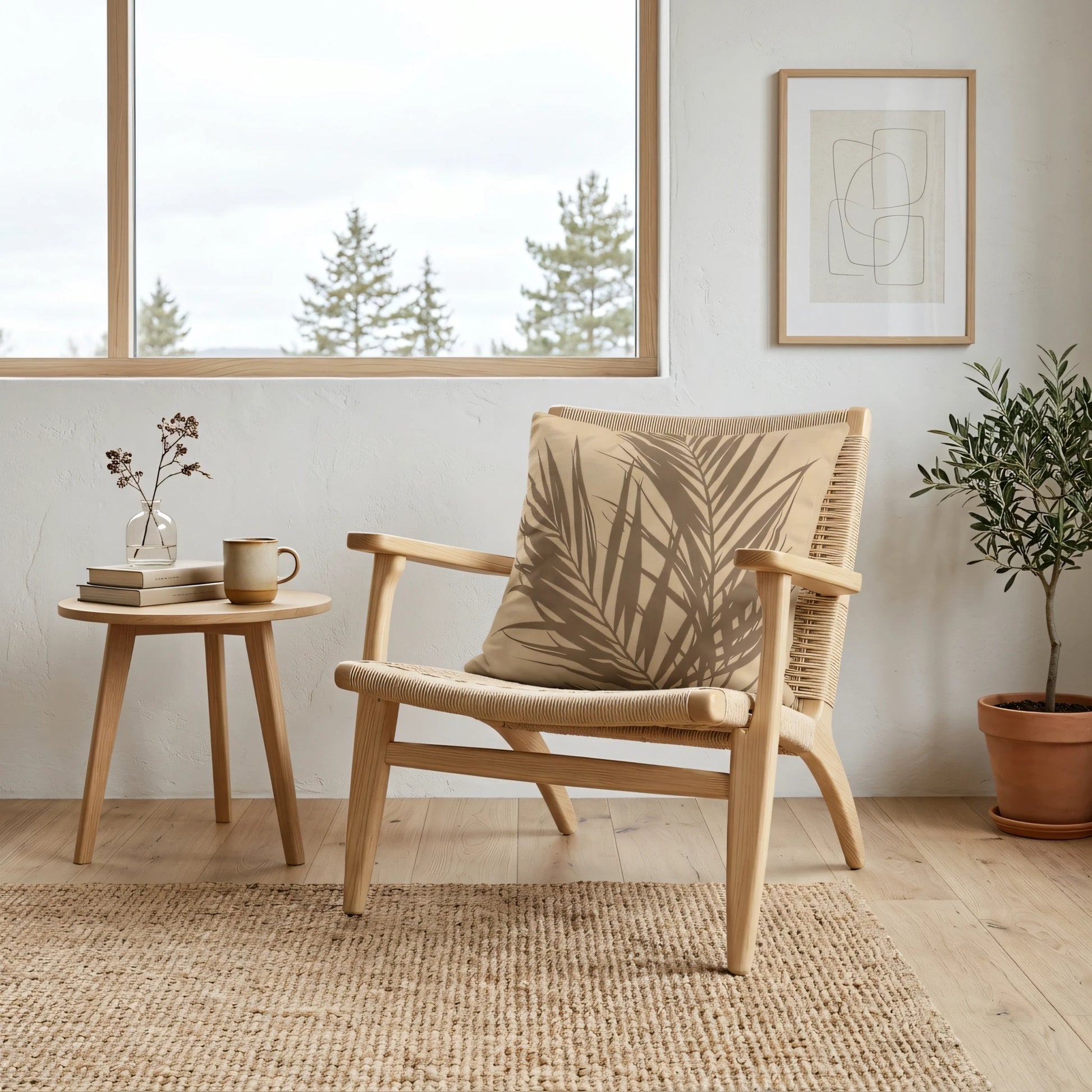 Beige palm leaf design cushion on a woven wooden chair in a minimalist interior with a side table, potted olive tree, and bright window.