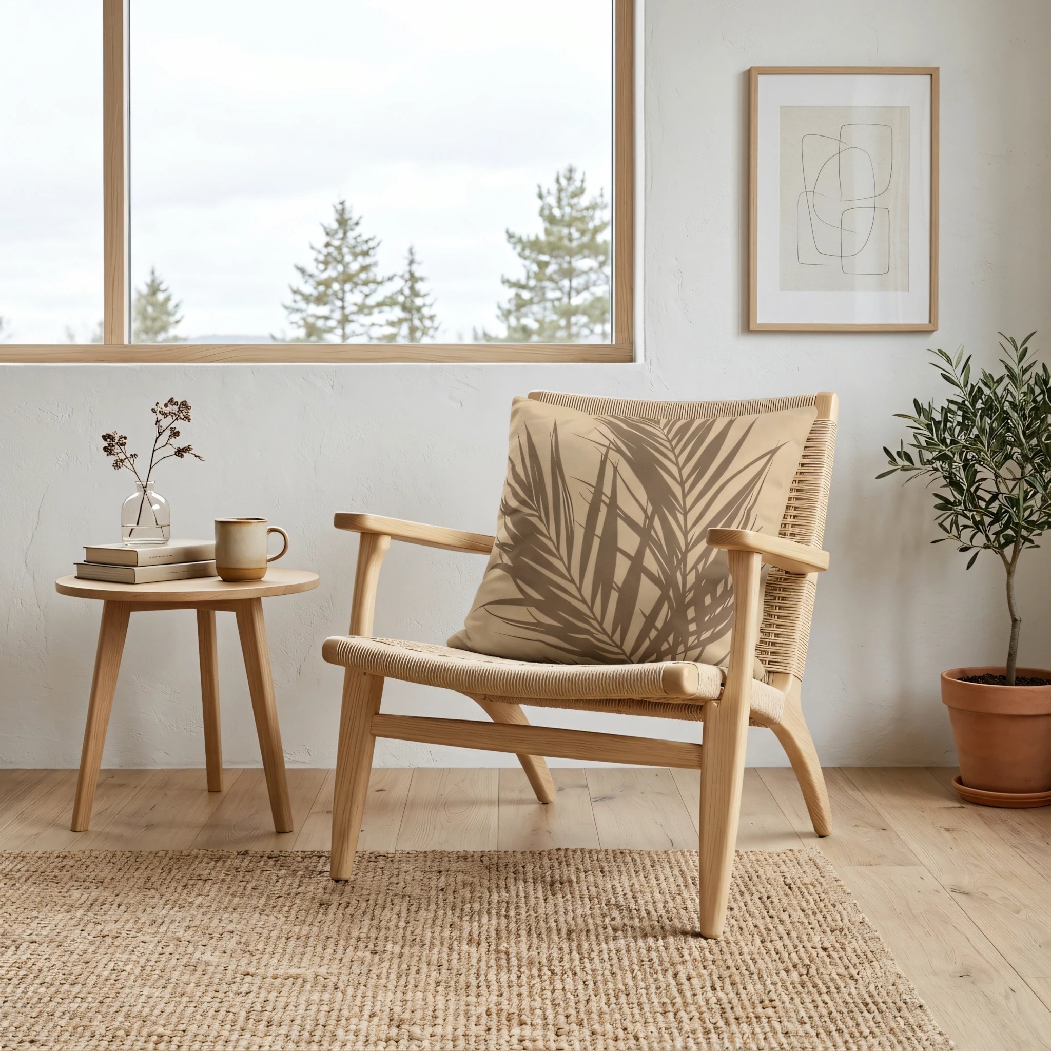 Beige palm leaf design cushion on a woven wooden chair in a minimalist interior with a side table, potted olive tree, and bright window.