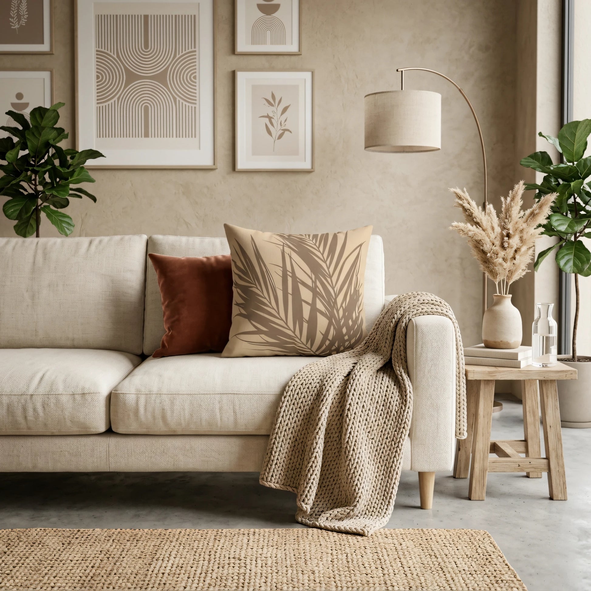 Beige palm leaf print cushion on a cream sofa in a modern boho living room scene with framed art, a knit throw blanket, and indoor plants.