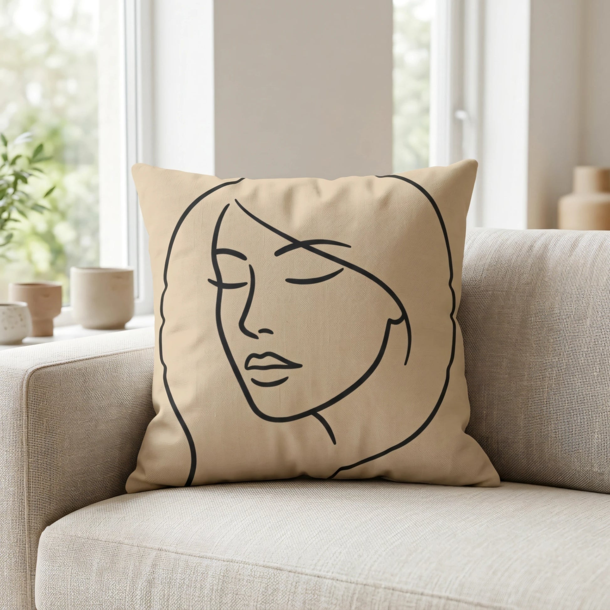 Minimalist beige throw pillow with a black line art face design on a light fabric sofa in a bright, sunny living room.