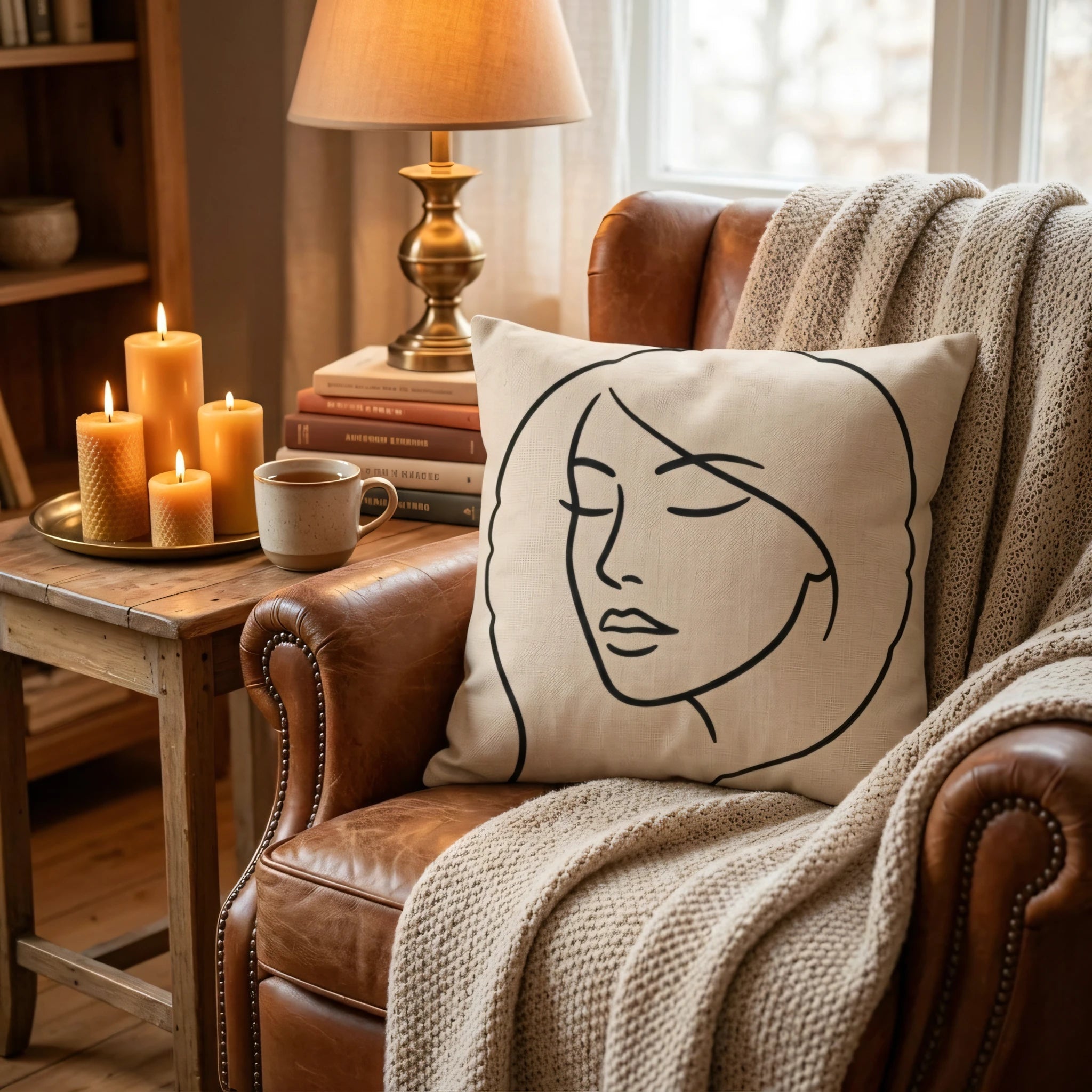 Minimalist black line art face cushion on a brown leather armchair in a cozy room with candles, books, and a warm lamp.