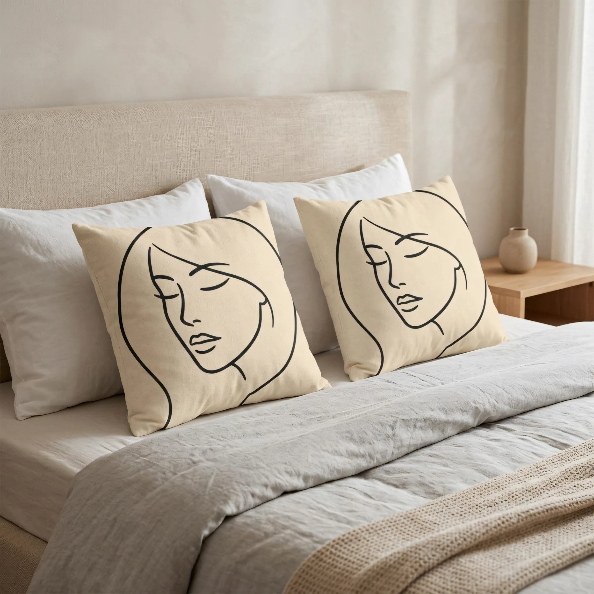 Minimalist decorative cushions with black face line art on cream fabric, styled on a neutral-toned bed in a bright, modern bedroom setting.