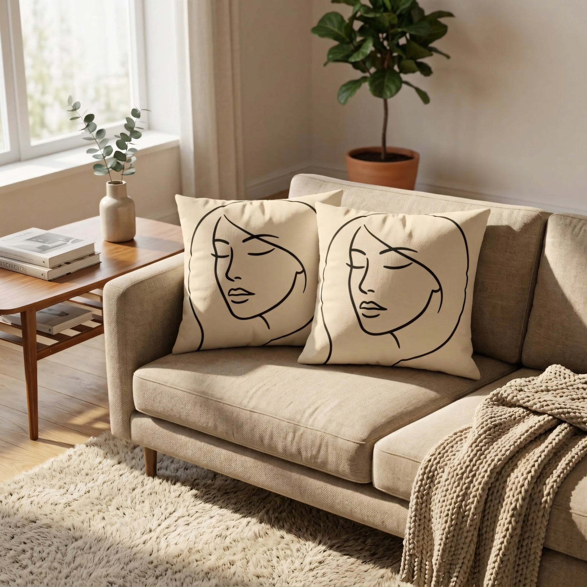Two cream cushions with black line art faces on a beige sofa in a sunlit living room with a wooden table, plant, and cozy throw blanket.