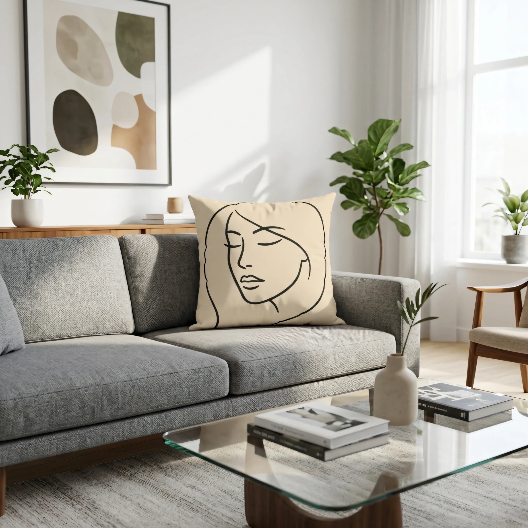 Beige throw pillow with minimalist black line art of a woman's face on a gray sofa in a bright, modern living room lifestyle setting.