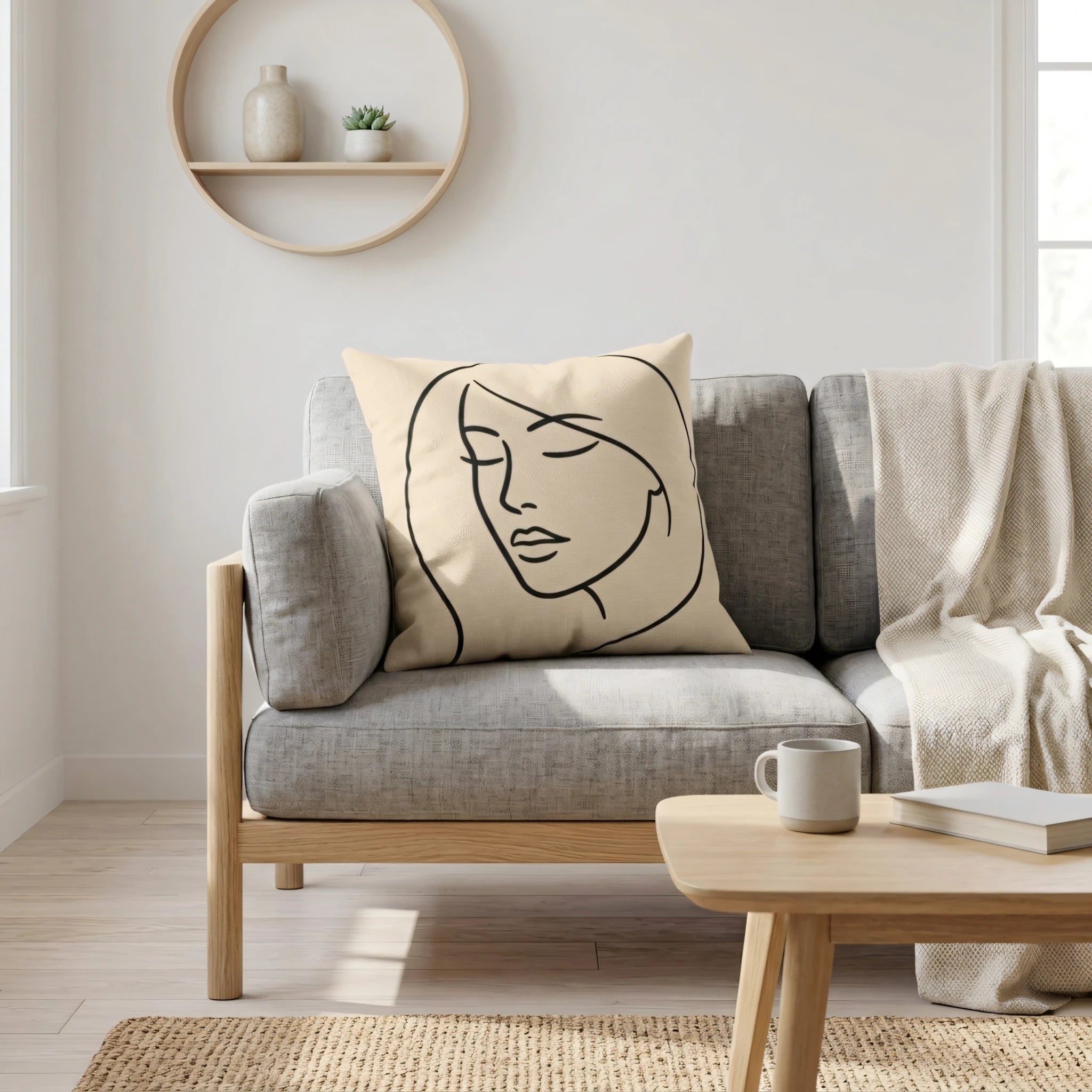 Decorative throw pillow with a minimalist woman face line art design on a gray sofa in a bright, neutral living room interior.
