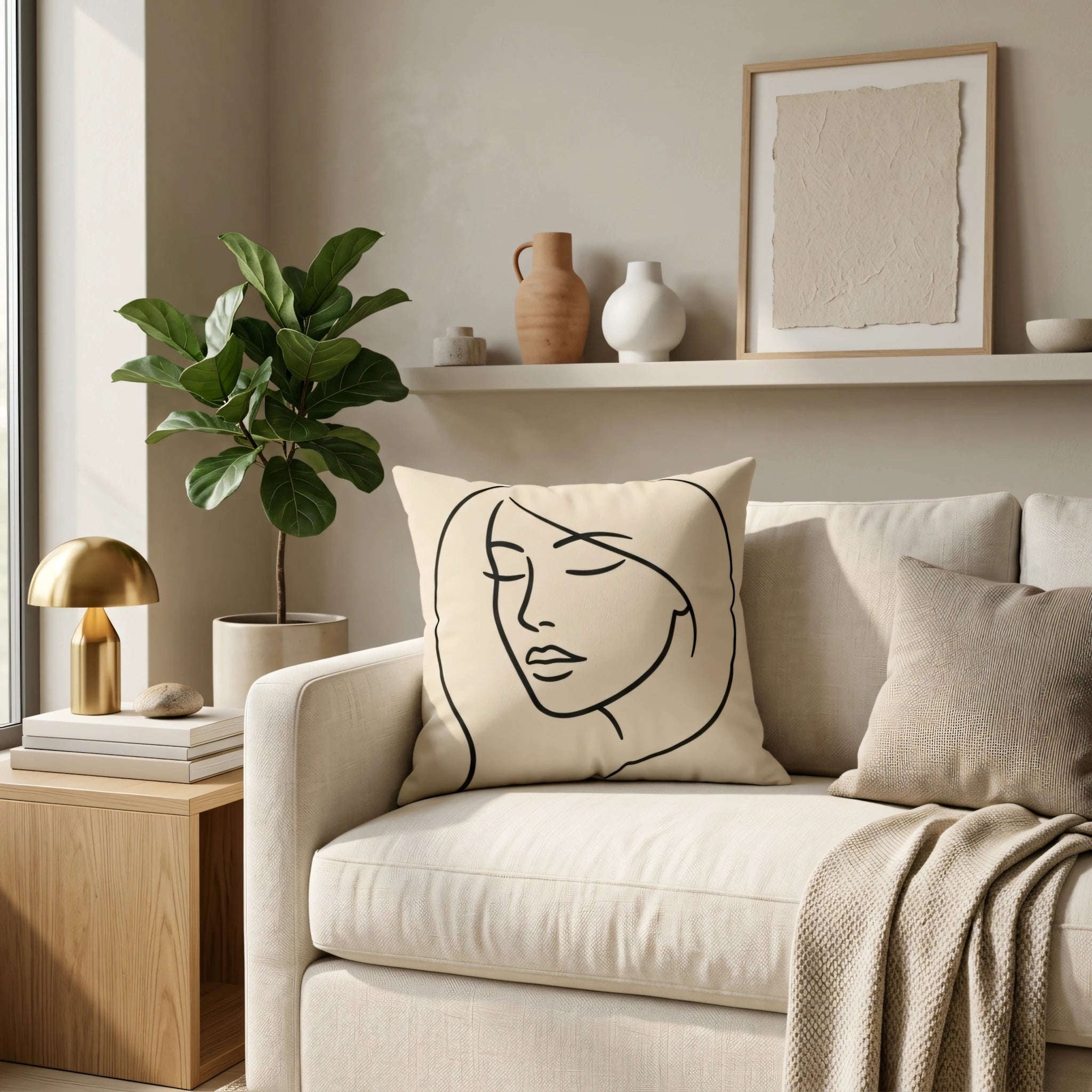 Cream throw pillow featuring a black line art woman face design, styled on a white couch in a minimalist living room setting.