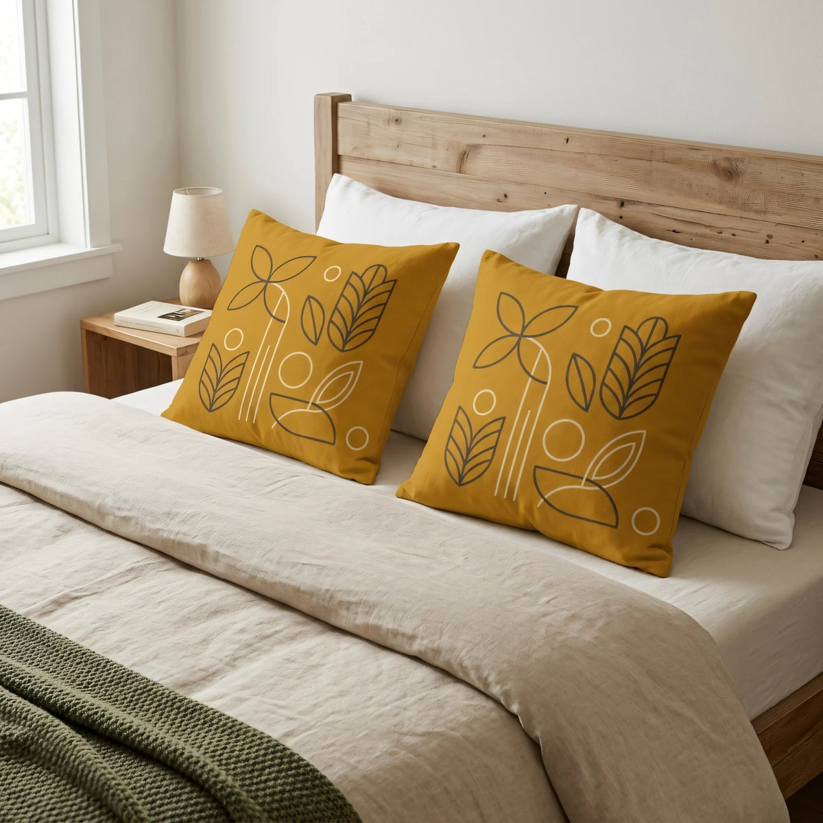 Folk Art Style Throw Pillow Case Mustard and Cream Hand, lifestyle view.
