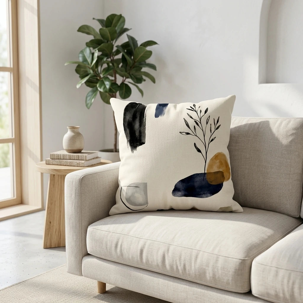Abstract art throw pillow with black and blue brushstrokes on a cream sofa in a bright, modern living room with a wooden side table.