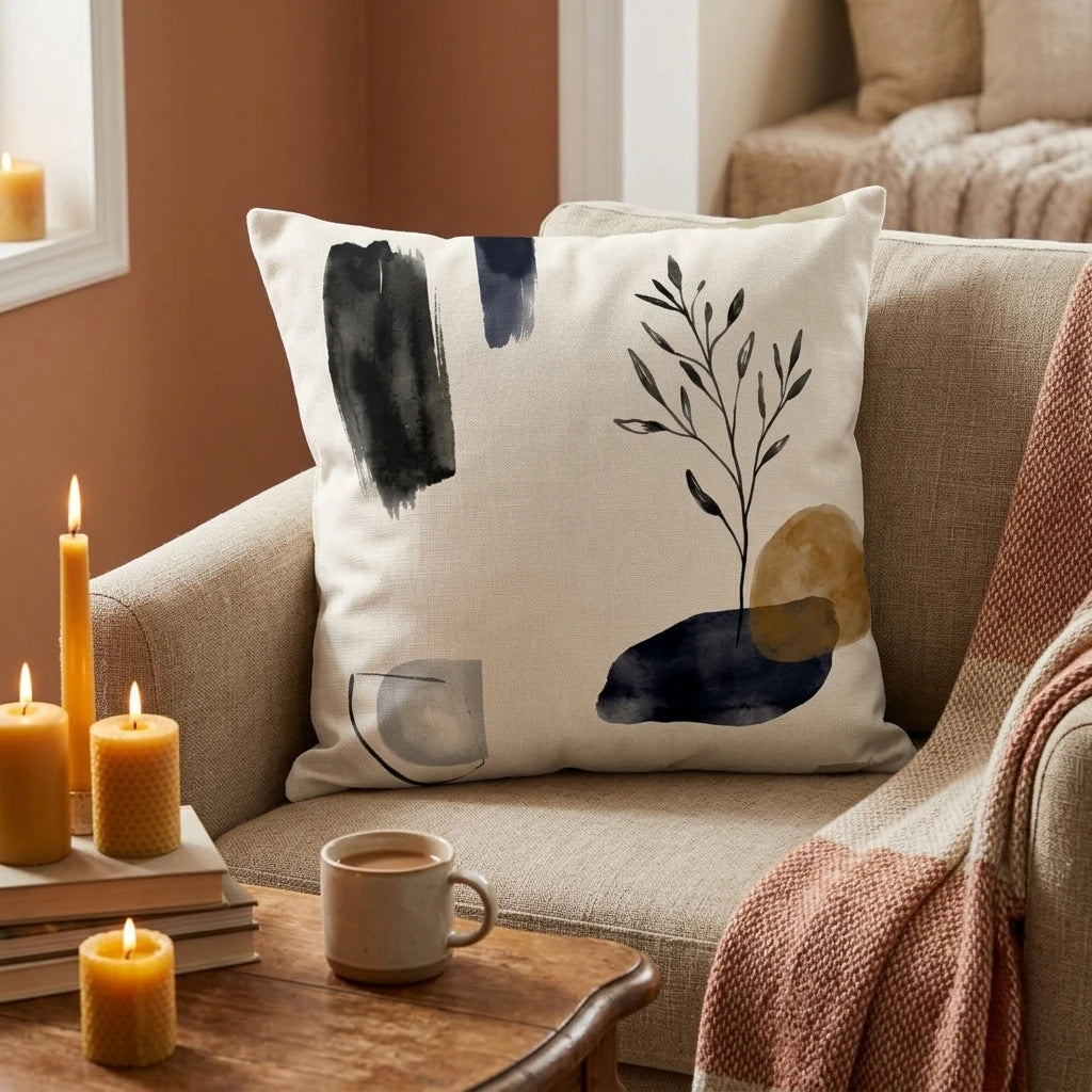 Abstract botanical throw pillow with navy and ochre art on a beige armchair in a cozy home setting with warm candles and a coffee mug.
