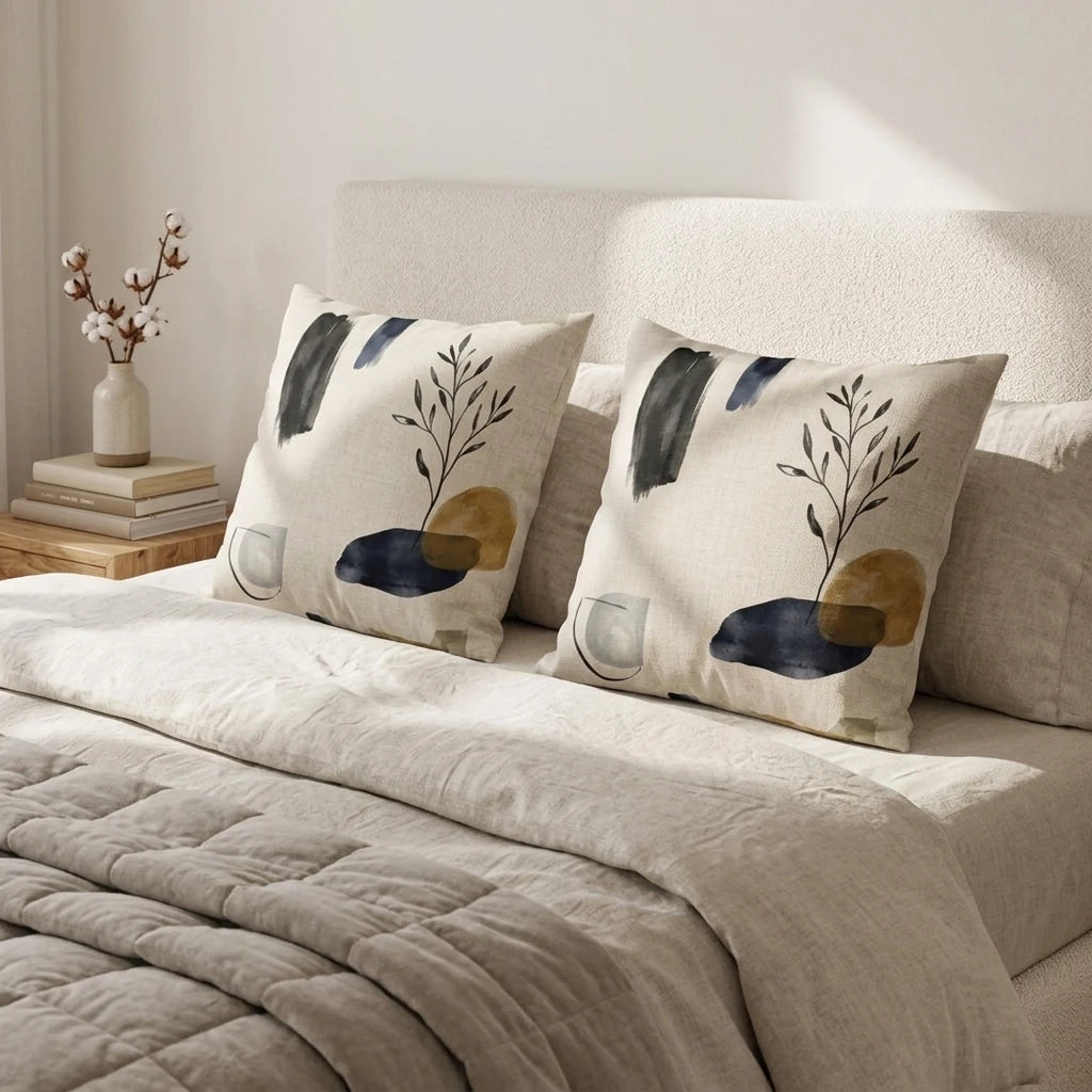 Two decorative pillows featuring abstract botanical branches and navy and gold watercolor shapes on a neutral linen bed in a bedroom setting.