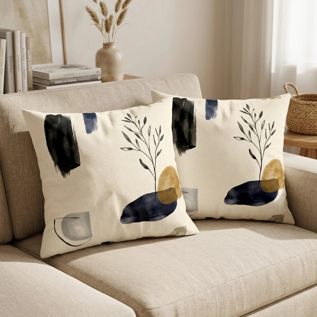 Two decorative cushions on a beige sofa featuring minimalist botanical art and abstract organic shapes in navy blue, mustard yellow, and black.
