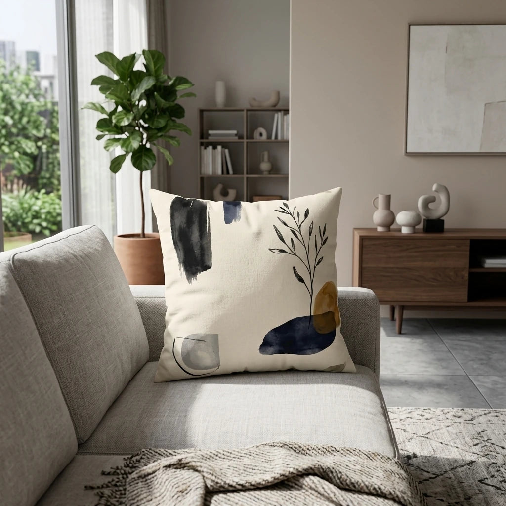 Modern living room featuring a minimalist cushion with abstract botanical art in navy and gold, styled on a grey sofa with neutral home decor.