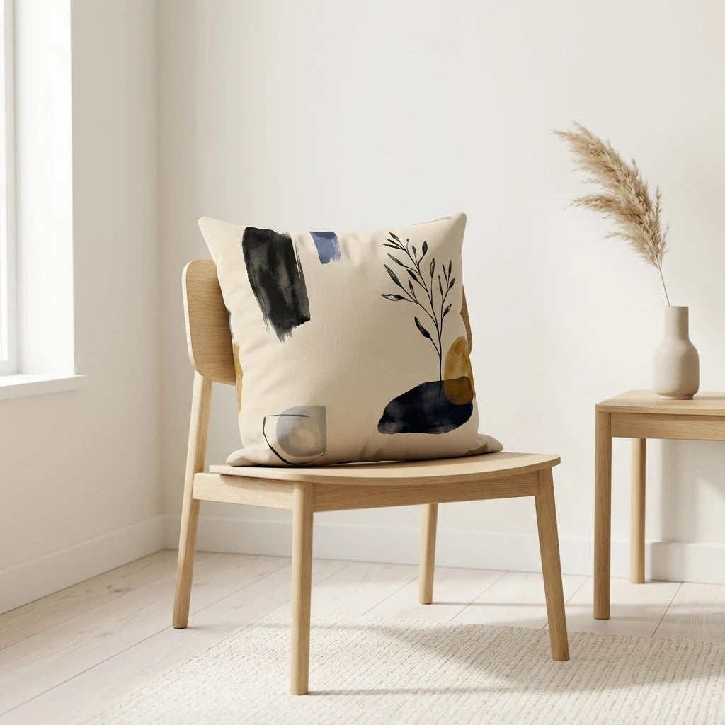Abstract art cushion with black and blue patterns on a wooden chair in a minimalist interior with a side table and dried pampas grass.