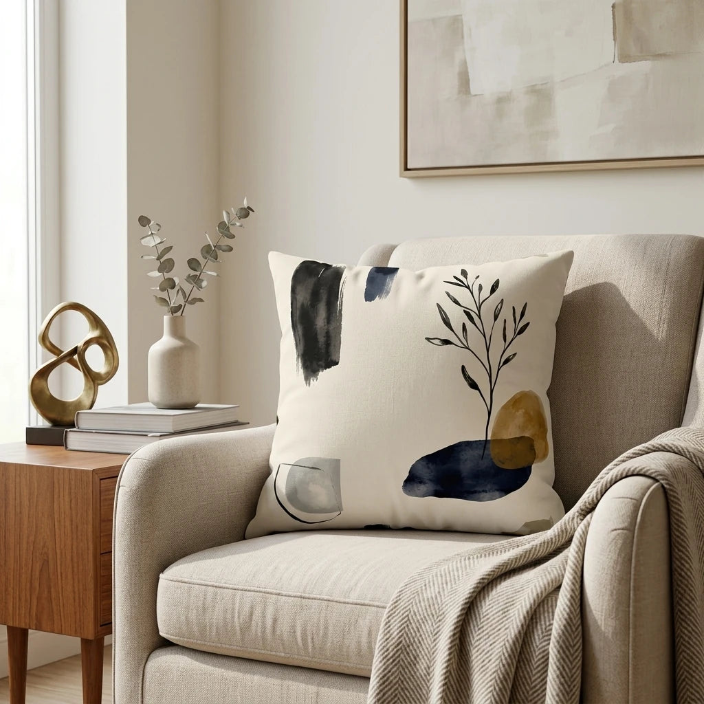 Abstract throw pillow with botanical line art and navy shapes on a beige armchair in a minimalist living room with elegant decor accents.