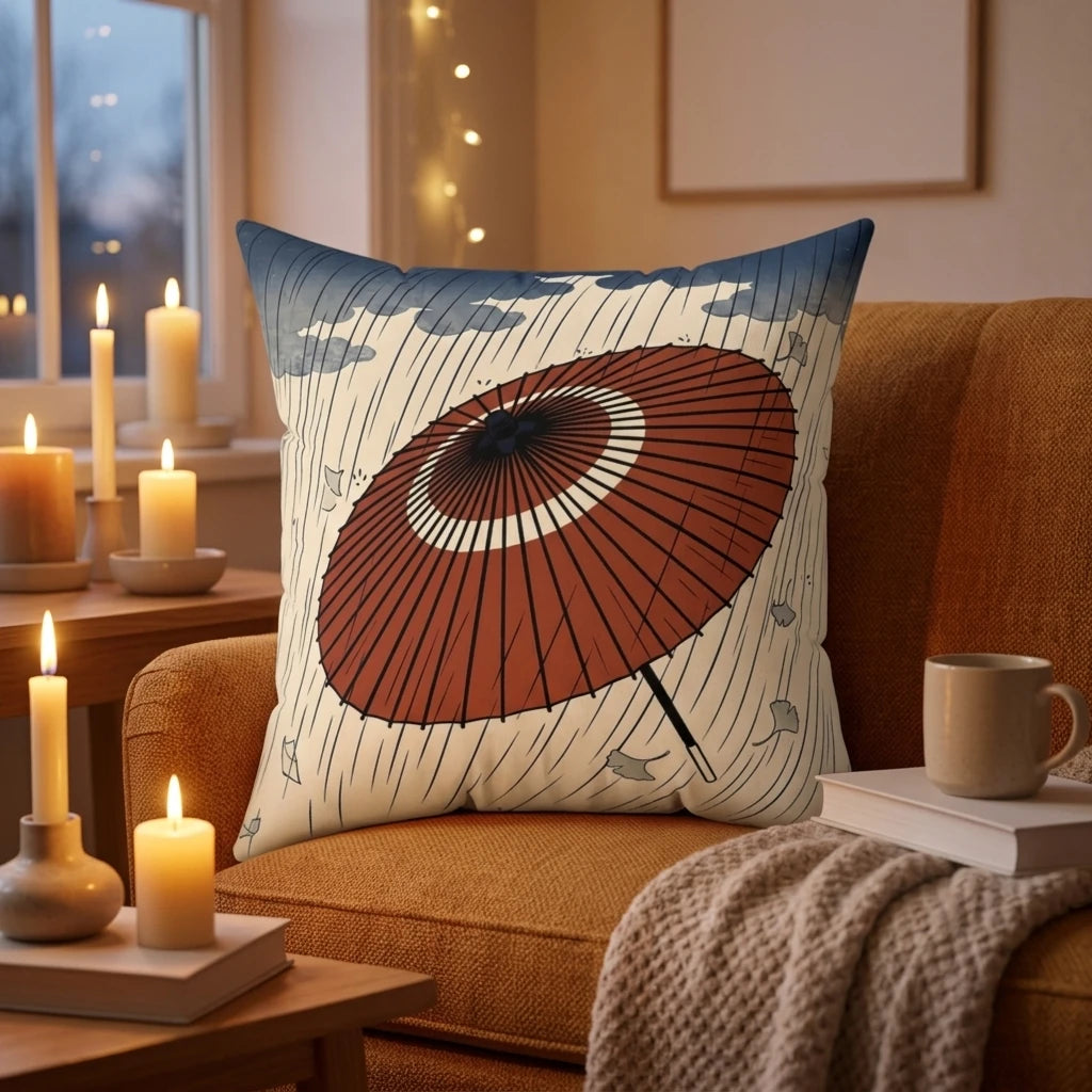 Traditional Wagasa Rain Pillow Cover, lifestyle view.