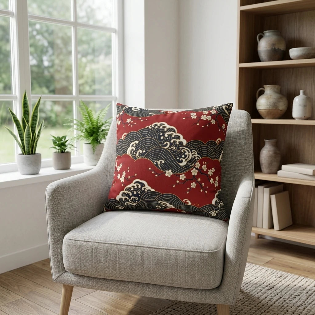 Red and navy Japanese wave and blossom pattern throw pillow on a grey armchair in a bright living room with plants and a bookshelf.