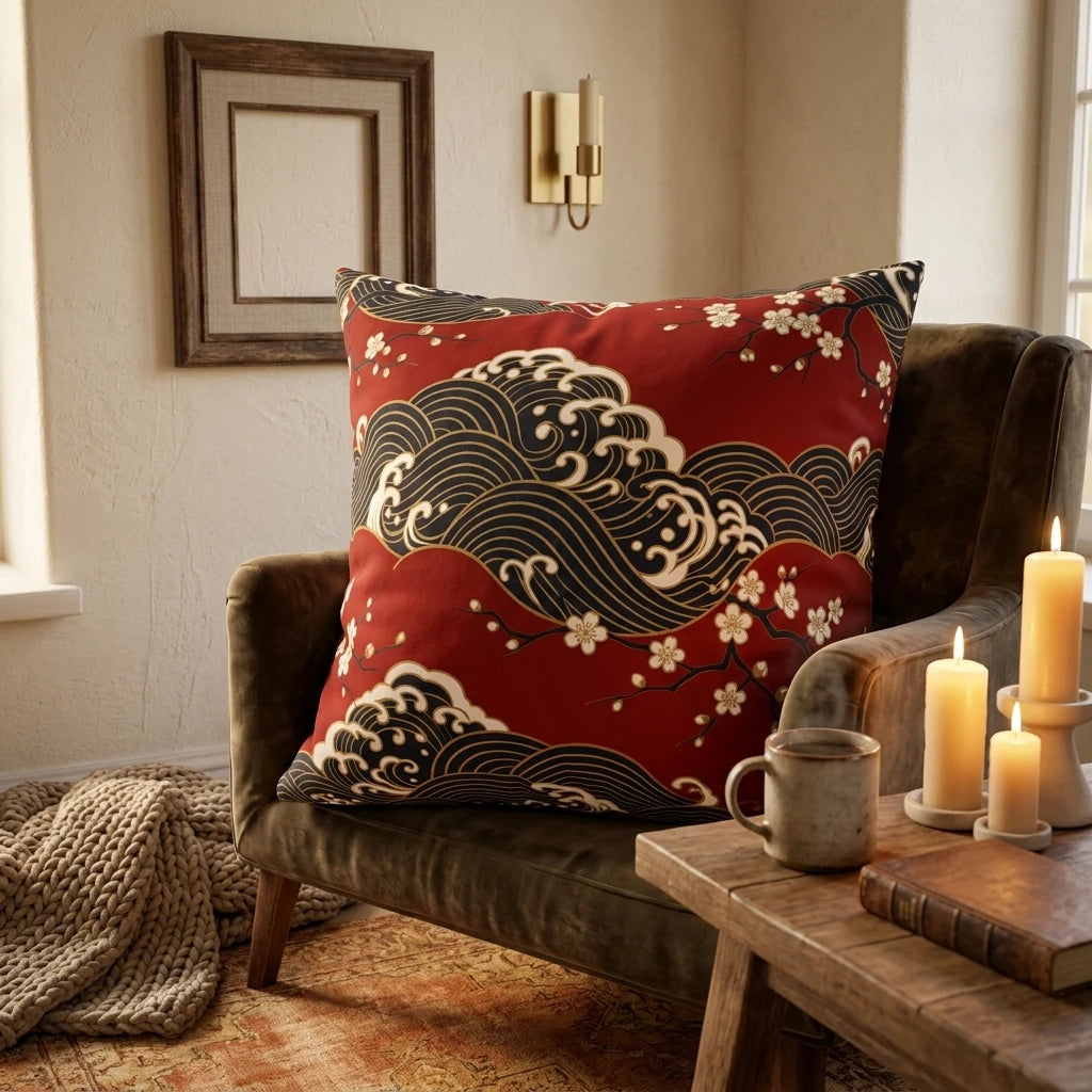 Decorative red throw pillow with Japanese wave and cherry blossom patterns on a cozy armchair in a warm living room setting.