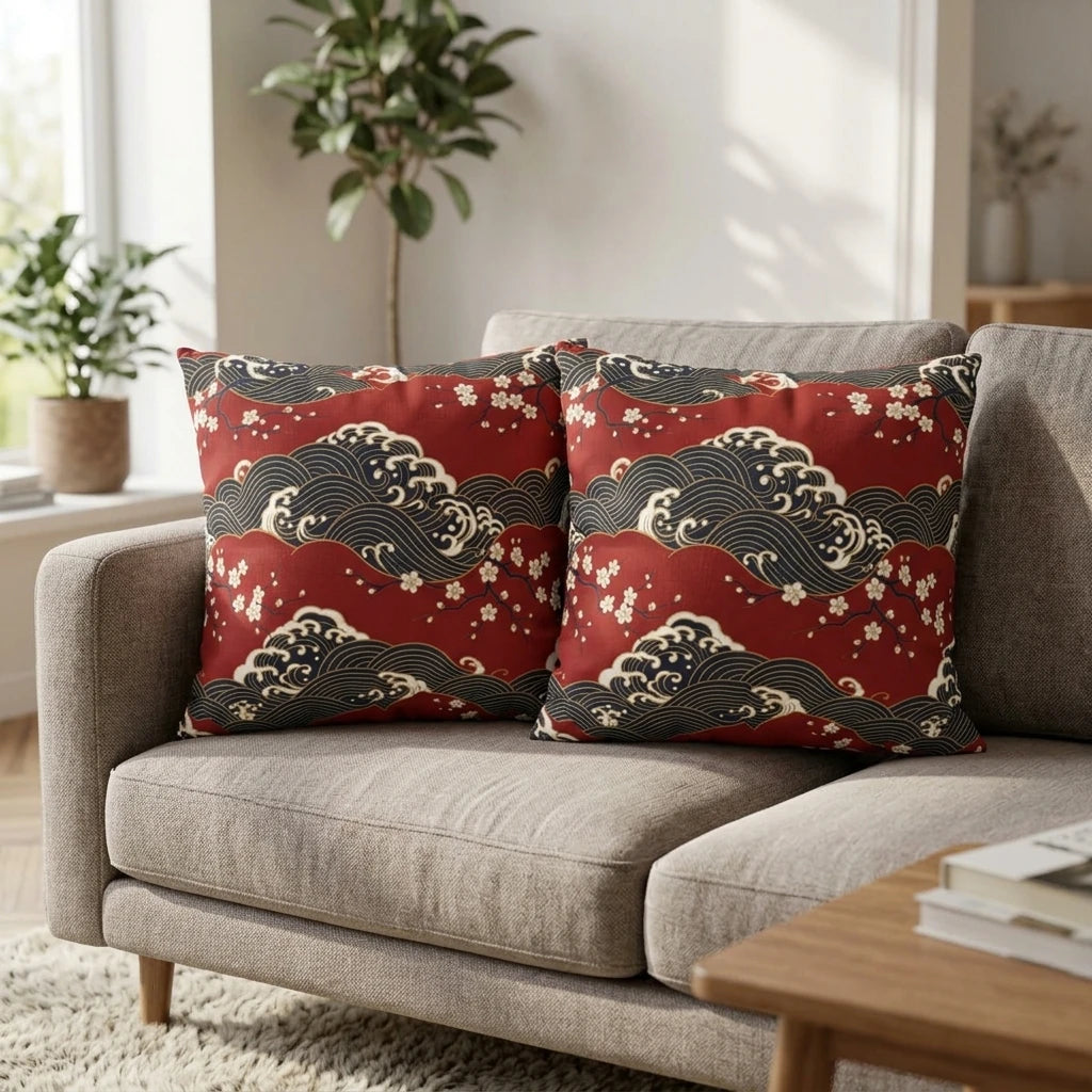 Pair of red Japanese wave and floral throw pillows on a grey sofa in a bright, modern living room lifestyle setting.