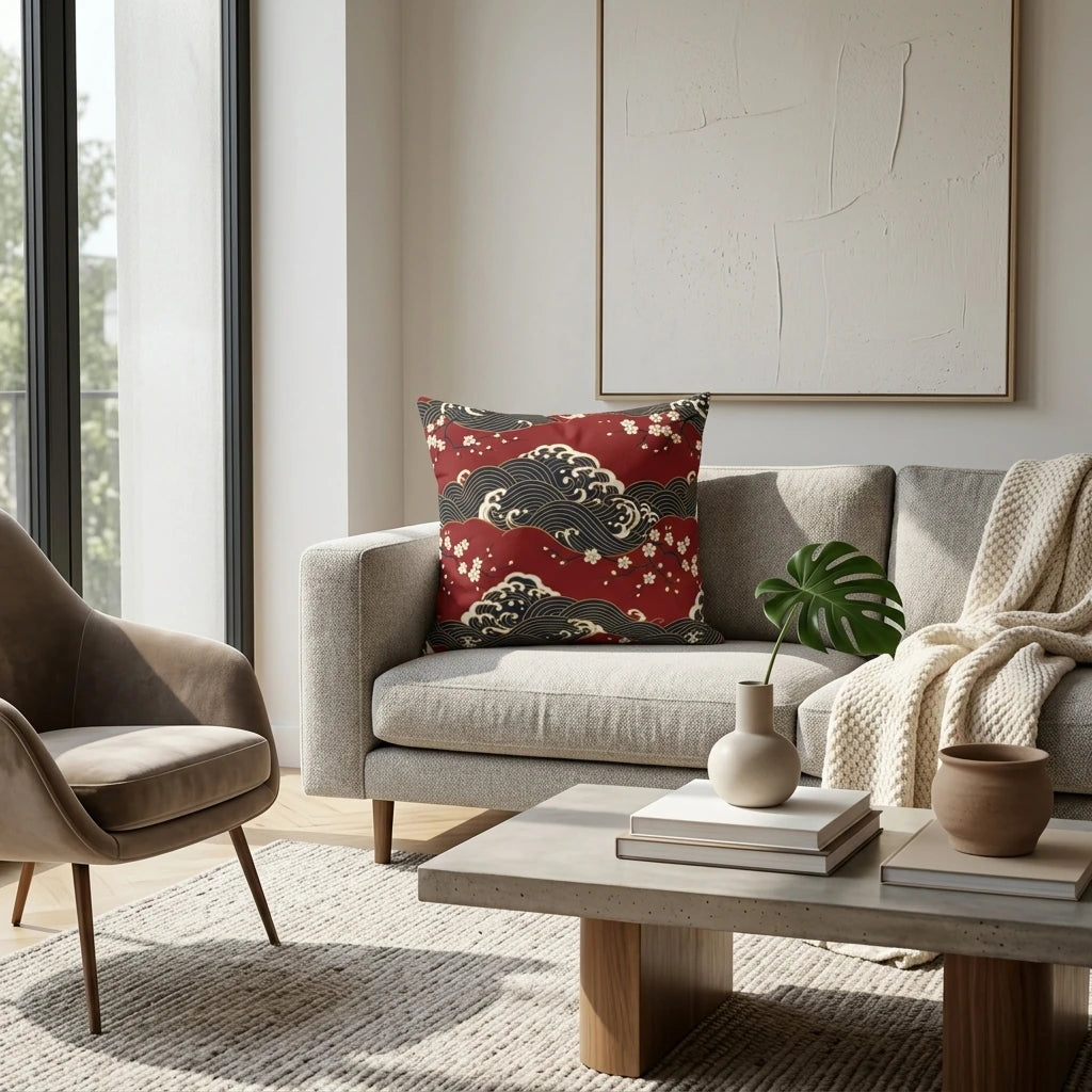 Red decorative pillow with a Japanese wave and blossom print on a grey sofa in a bright, modern living room lifestyle setting.