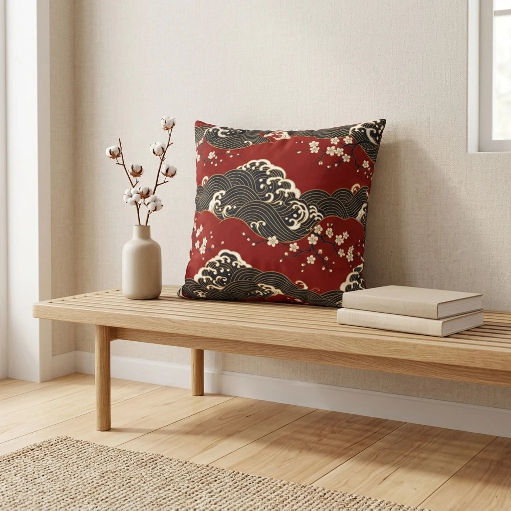 Red Japanese wave and cherry blossom cushion on a minimalist wooden bench in a clean, neutral interior lifestyle shot.
