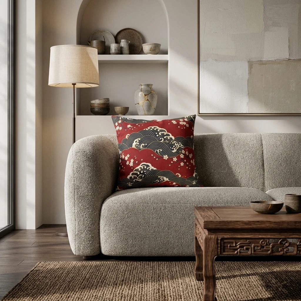 Red and navy Japanese wave print cushion with cherry blossoms on a textured beige sofa in a minimalist modern living room setting.