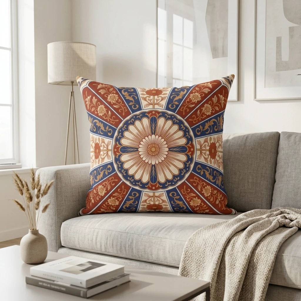 Front view of Traditional Sunburst Sunwheel Cushion Case Blue Vermilion on a white background.