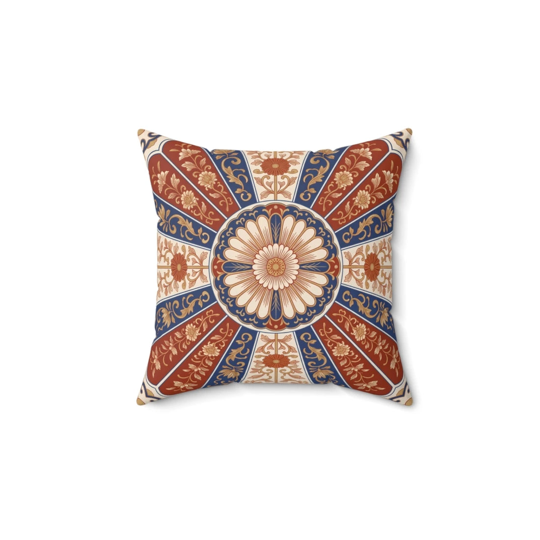 Front view of Traditional Sunburst Sunwheel Cushion Case Blue Vermilion on a white background.