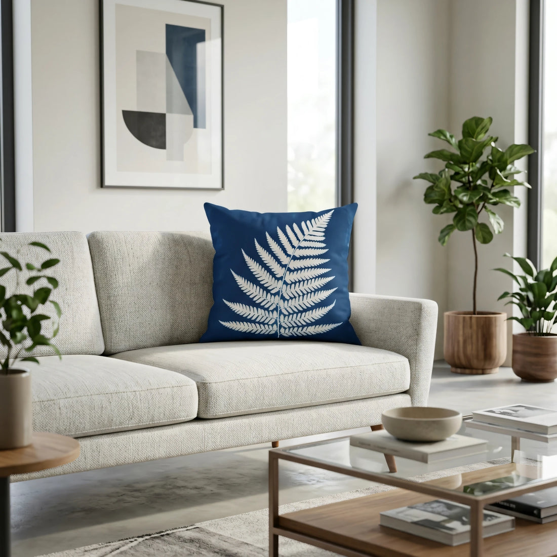 Front view of Solar Print Cushion Case Blue and White Detailed Frond Silhouette on a white background.