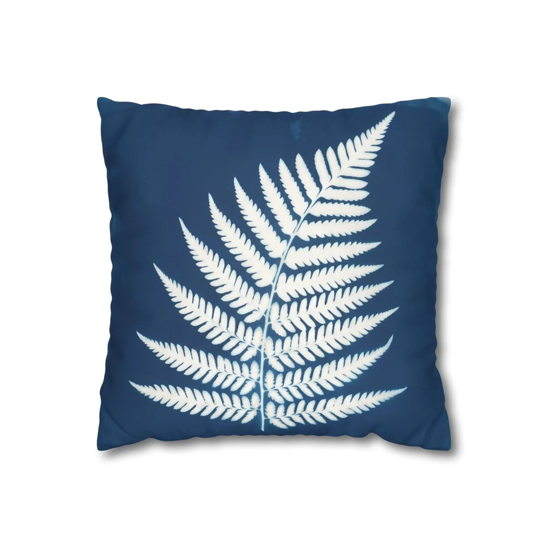 Front view of Solar Print Cushion Case Blue and White Detailed Frond Silhouette on a white background.