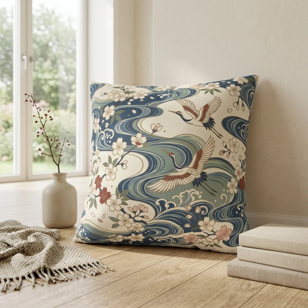 Japanese crane and blossom print cushion on blue waves, displayed in a bright, sunlit room with wooden floors, a vase, and a stack of books.