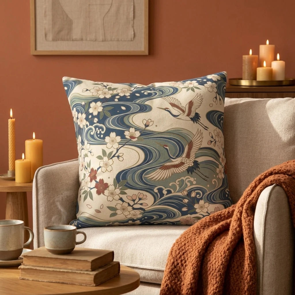 Square cushion featuring a Japanese crane and blue wave pattern on a beige armchair in a cozy room with lit candles and a tea cup.