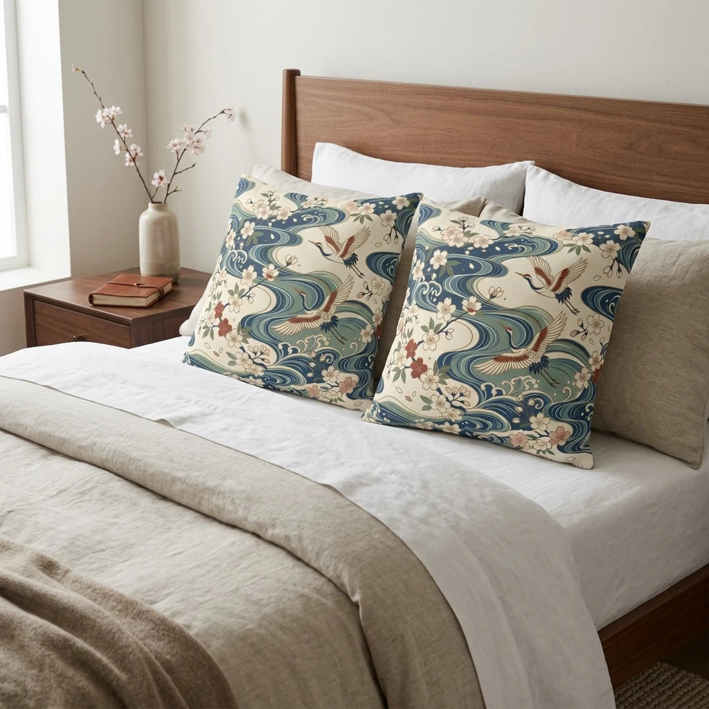 Pair of decorative pillows with a Japanese crane and wave pattern in blue and cream, set on a white bed with a wooden headboard in a bright room.