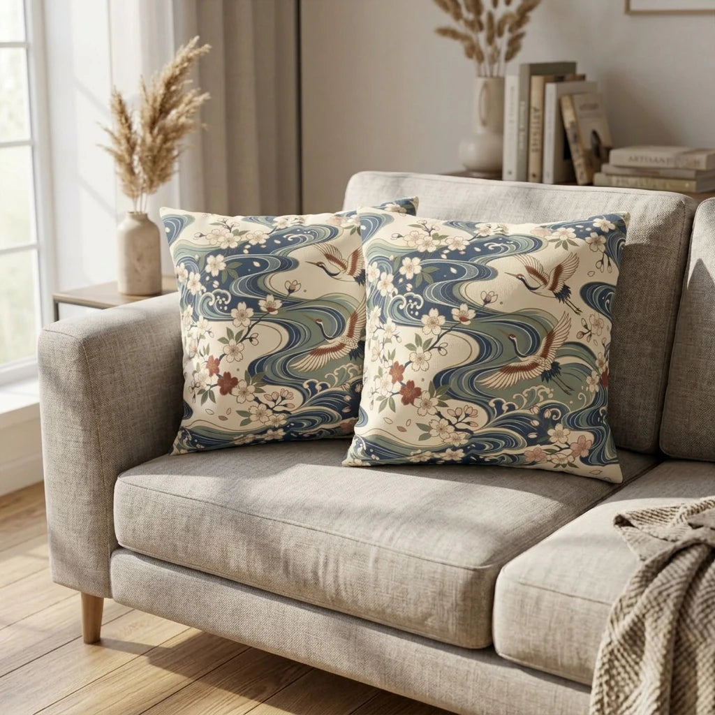 Two decorative cushions with a Japanese crane and wave pattern in blue and cream on a grey sofa in a bright, modern living room scene.
