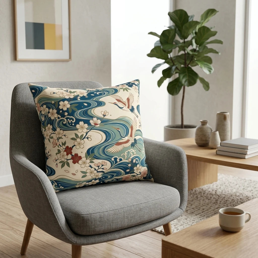 Japanese crane and wave pattern pillow on a gray chair in a bright modern living room with cherry blossoms and minimalist wooden furniture.