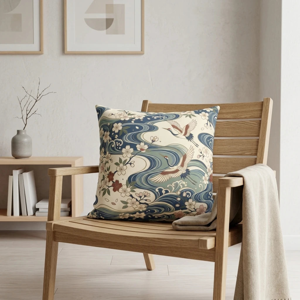 Japanese pattern cushion with flying cranes and waves on a wooden chair in a modern minimalist home interior.
