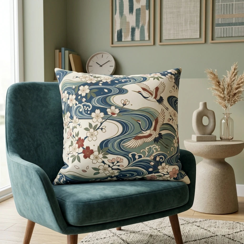 Japanese crane and cherry blossom print cushion on a teal velvet armchair in a minimalist modern living room.