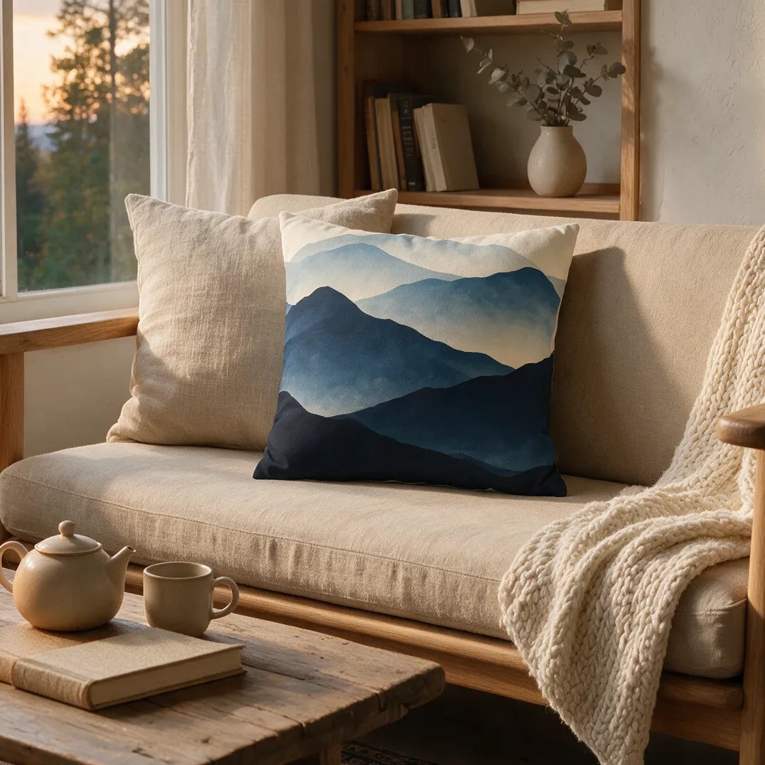 Decorative throw pillow featuring a blue layered mountain landscape design on a beige sofa in a warm, cozy living room ambiance.