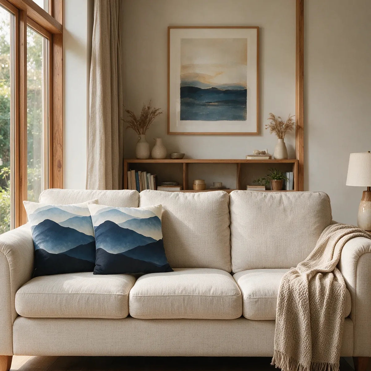 Two blue mountain landscape cushions on a cream sofa in a bright living room, featuring nature-inspired watercolor art and cozy home decor.