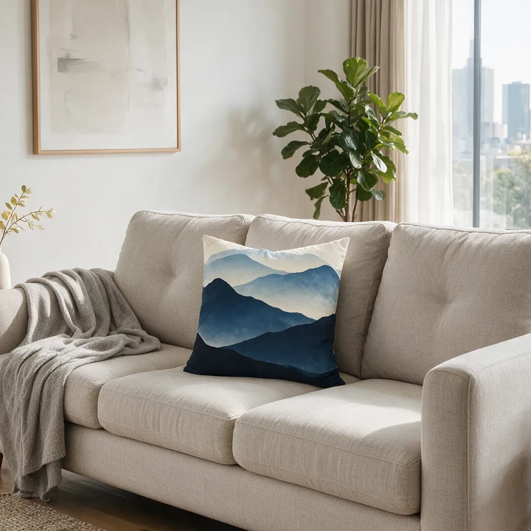 Blue watercolor mountain landscape throw pillow on a beige sofa in a modern living room lifestyle shot with a houseplant and city window view.