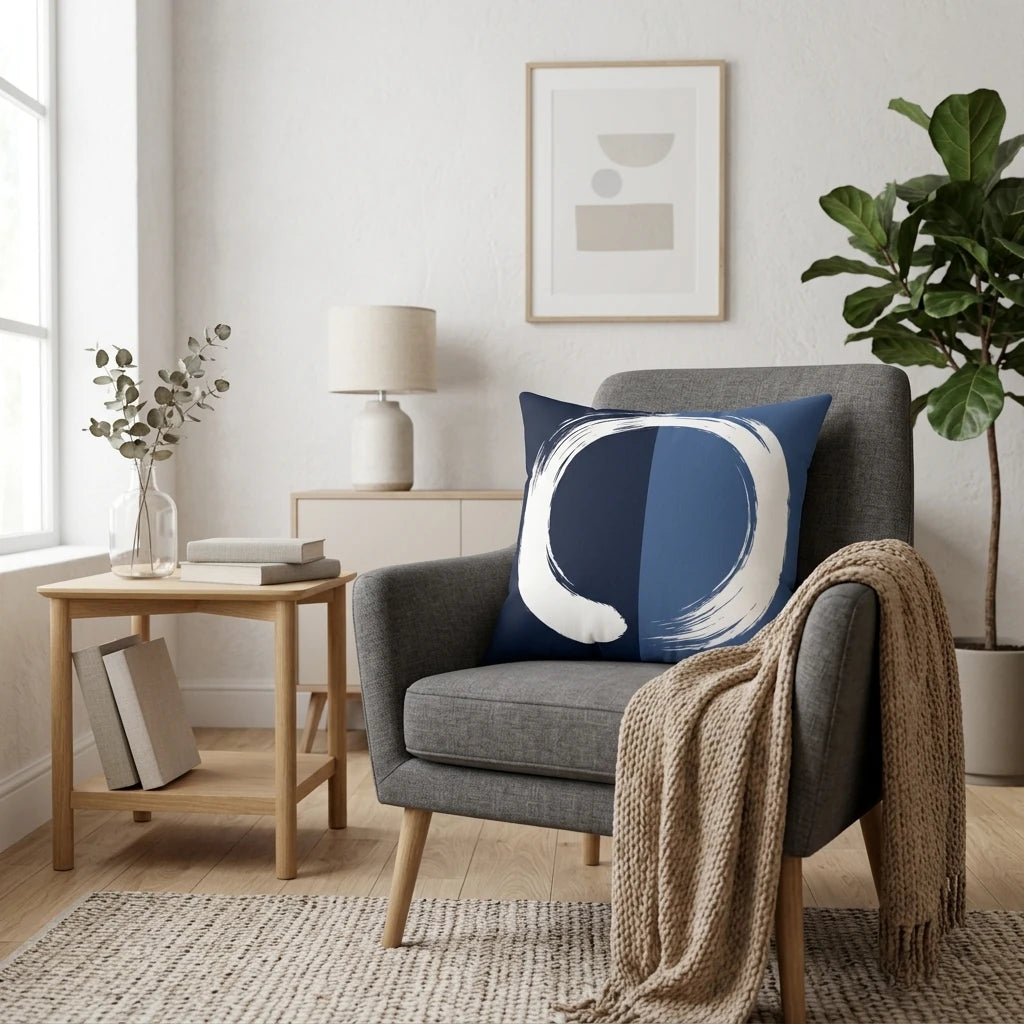 Front view of Dichromatic Artistic Cushion Bleu Blanc Split Texture on a white background.